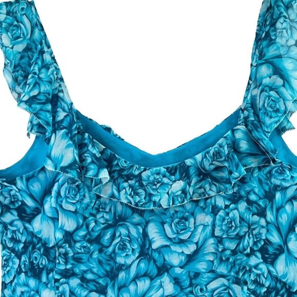 Ann Taylor Women's L Floral Ruffle Sleeveless Top 100% Silk Lined Teal Flowy - Picture 6 of 11
